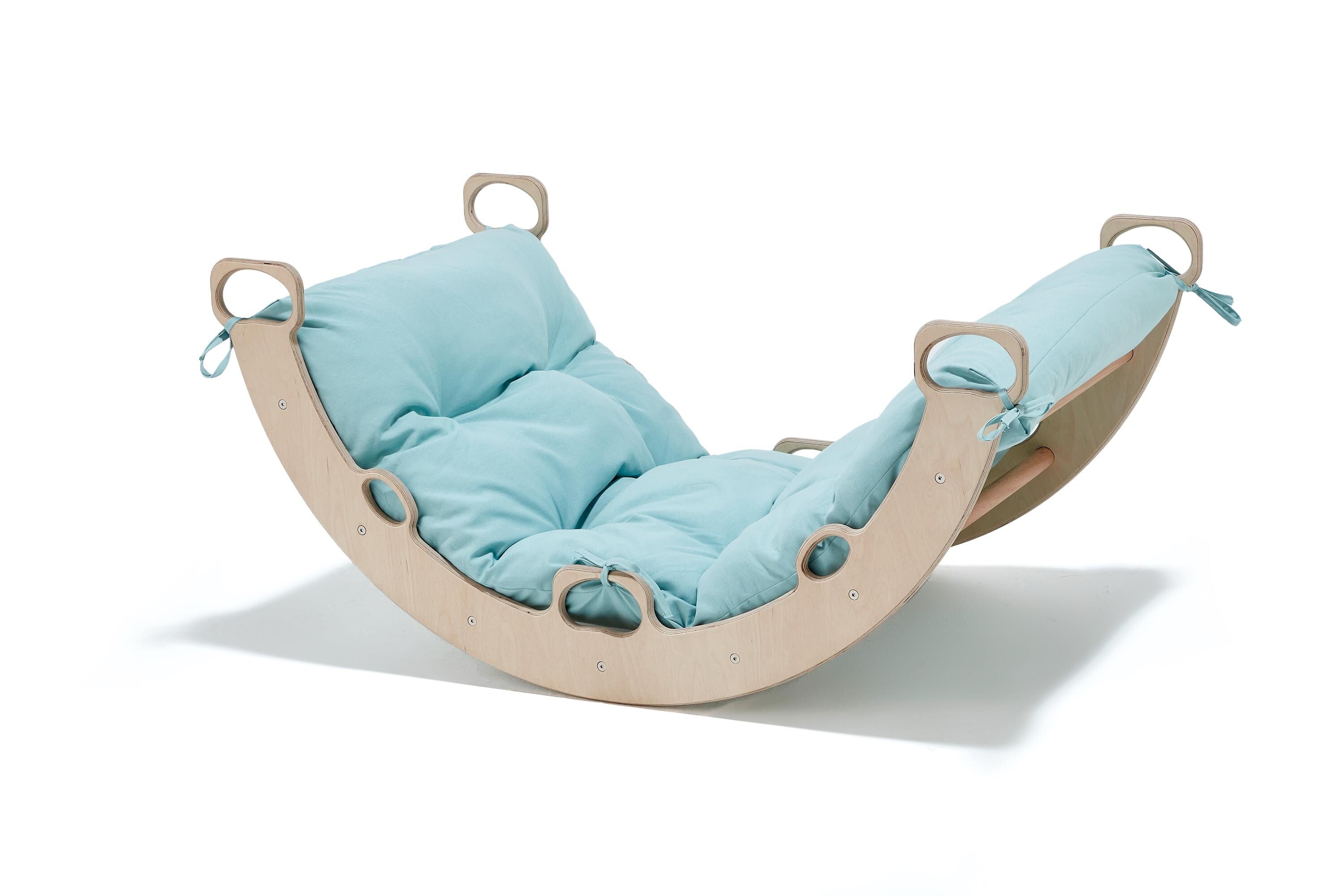 Arch Rocker Swing with Mint Green Color Pillow, Wooden Rocker Montessori Toys for Kids