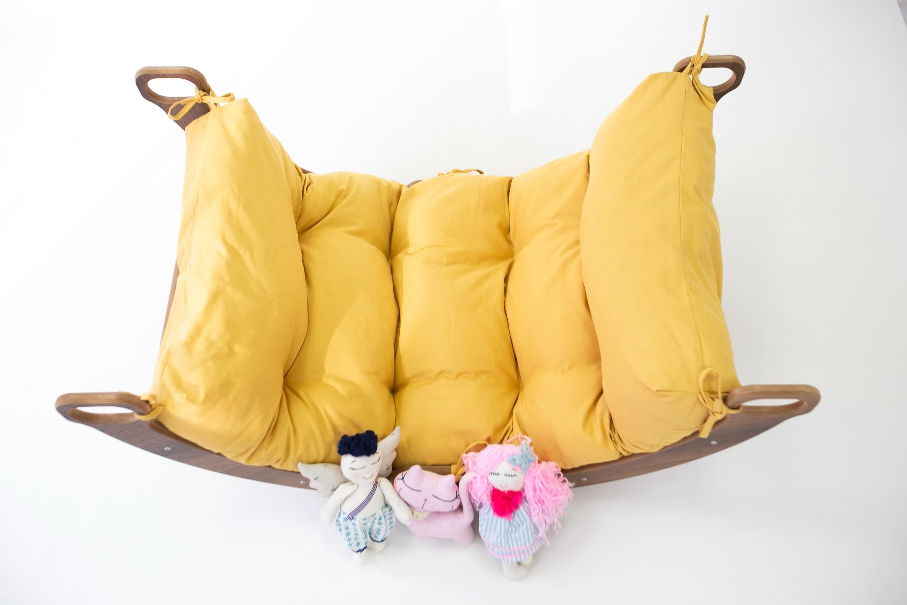 Wooden Rocker with light yellow Color Pillow, Best Price Arch Rocker Swing, Montessori Toys for Kids