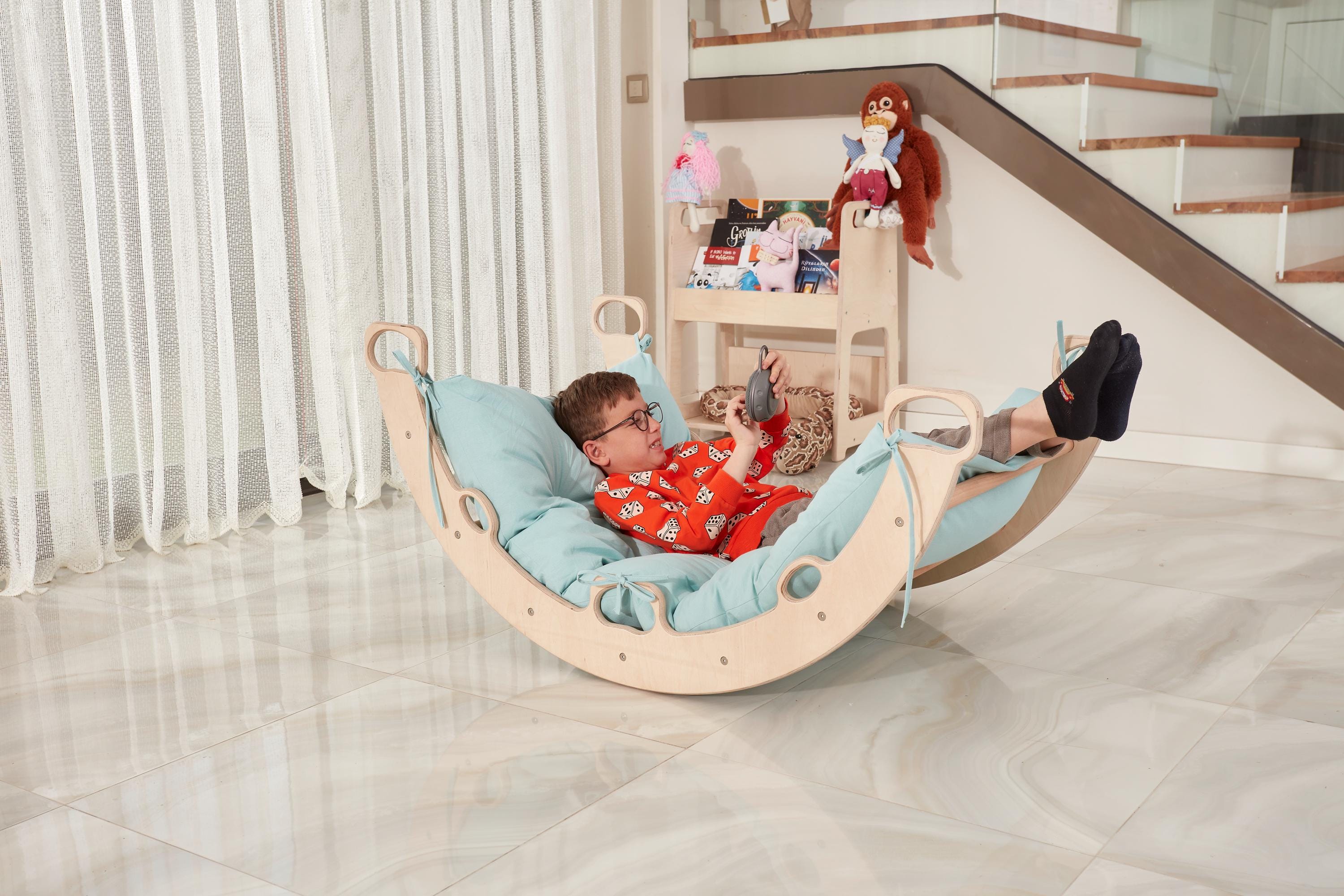 Arch Rocker Swing with Mint Green Color Pillow, Wooden Rocker Montessori Toys for Kids