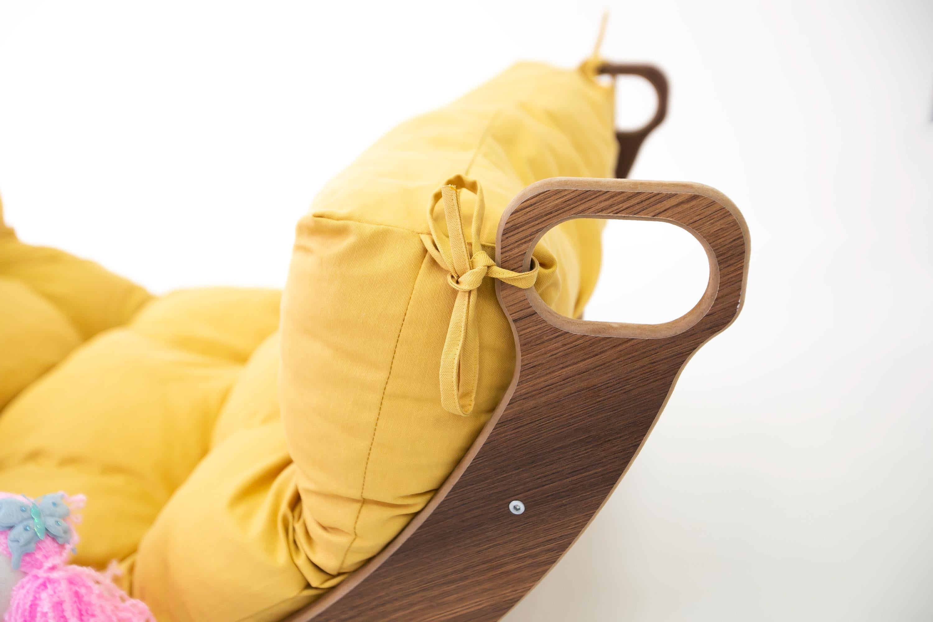 Wooden Rocker with light yellow Color Pillow, Best Price Arch Rocker Swing, Montessori Toys for Kids