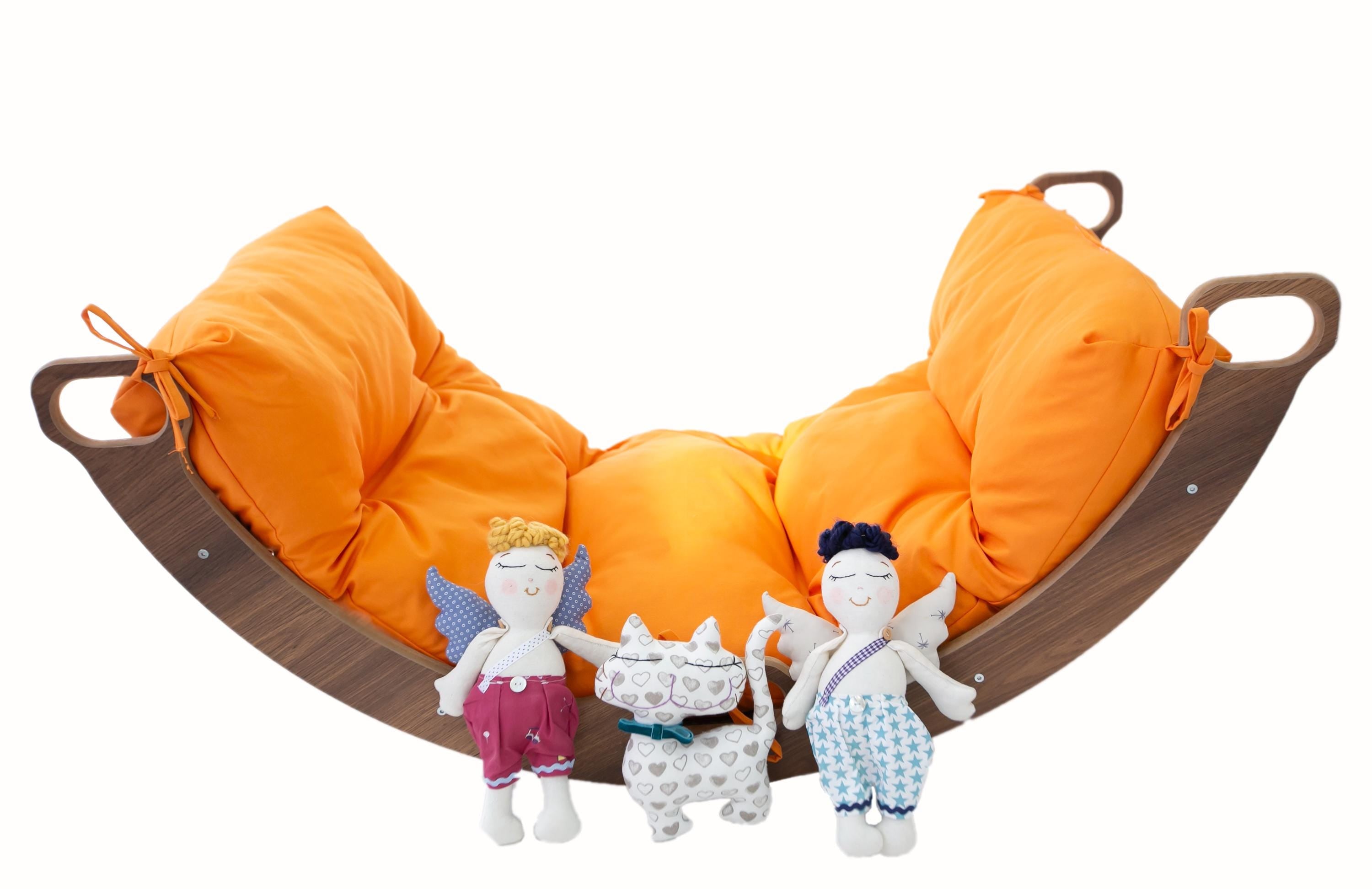 Best Price! Arch Rocker Swing, Wooden Rocker with Orange Color Pillow, Montessori Toys for Kids