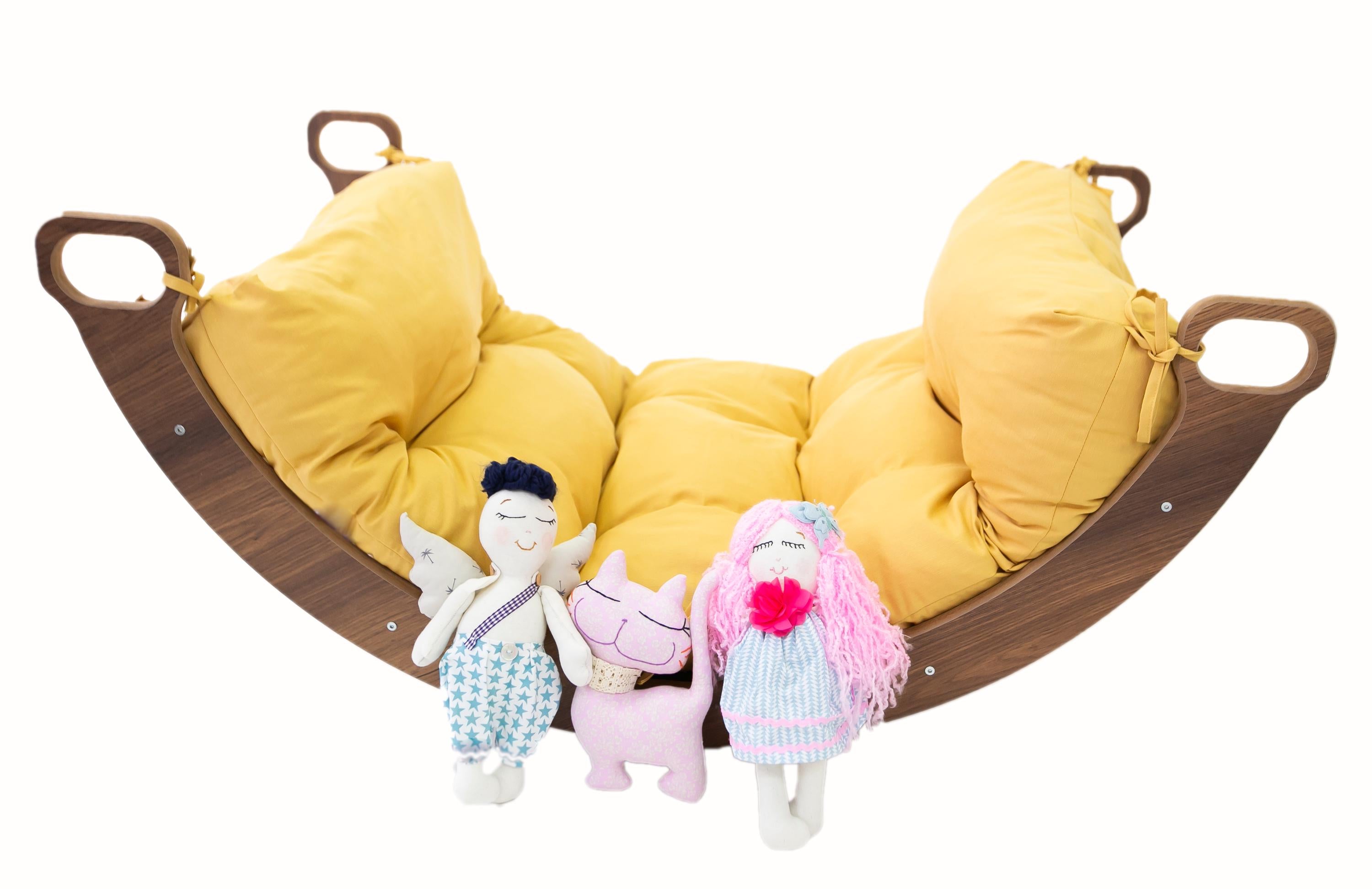 Wooden Rocker with light yellow Color Pillow, Best Price Arch Rocker Swing, Montessori Toys for Kids