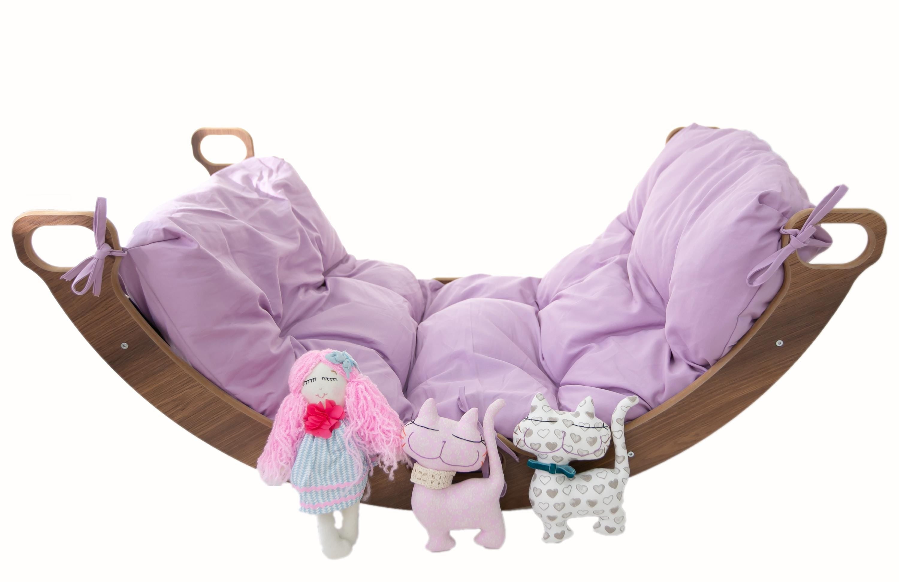 Best Price! Wooden Rocker with Purple Color Pillow, Arch Rocker Swing, Montessori Toys for Kids