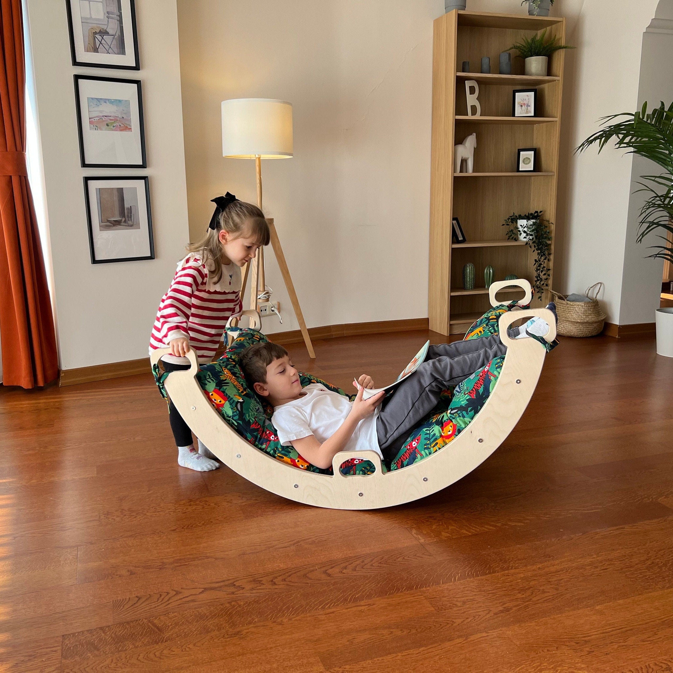 Wooden Climbing Arch Swing with Playtime in the forest design Pillow